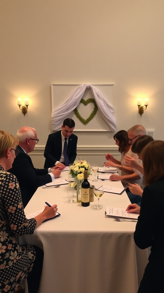 Group of people engaged in a bridal shower game around a table decorated with flowers