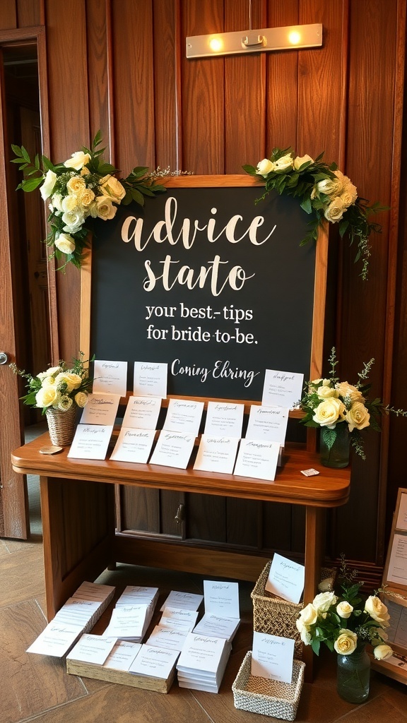 A beautifully decorated advice station for a bridal shower with a sign offering tips for the bride-to-be.