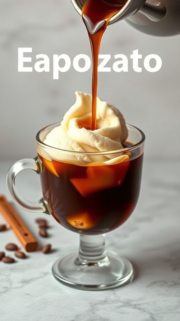 A glass of affogato with espresso poured over vanilla ice cream