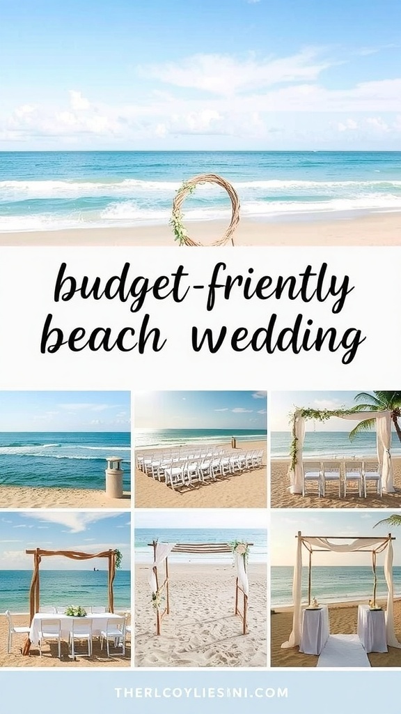 Various setups for a budget-friendly beach wedding including chairs, decorations, and beach scenery.