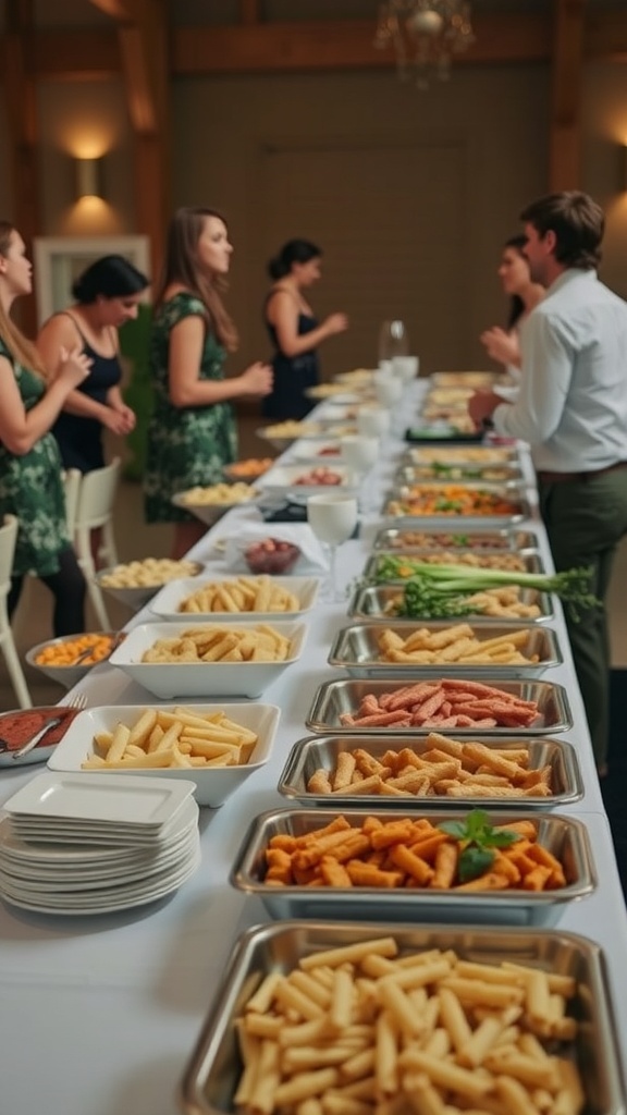 A buffet table with various pasta dishes and vegetables, highlighting affordable catering options for weddings.