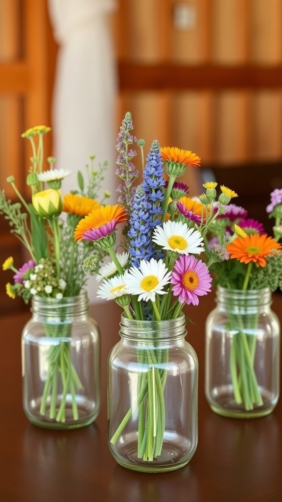 Colorful wildflowers in mason jars for a small backyard wedding