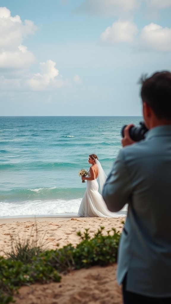 A bride on the beach with a bouquet while a photographer captures the moment