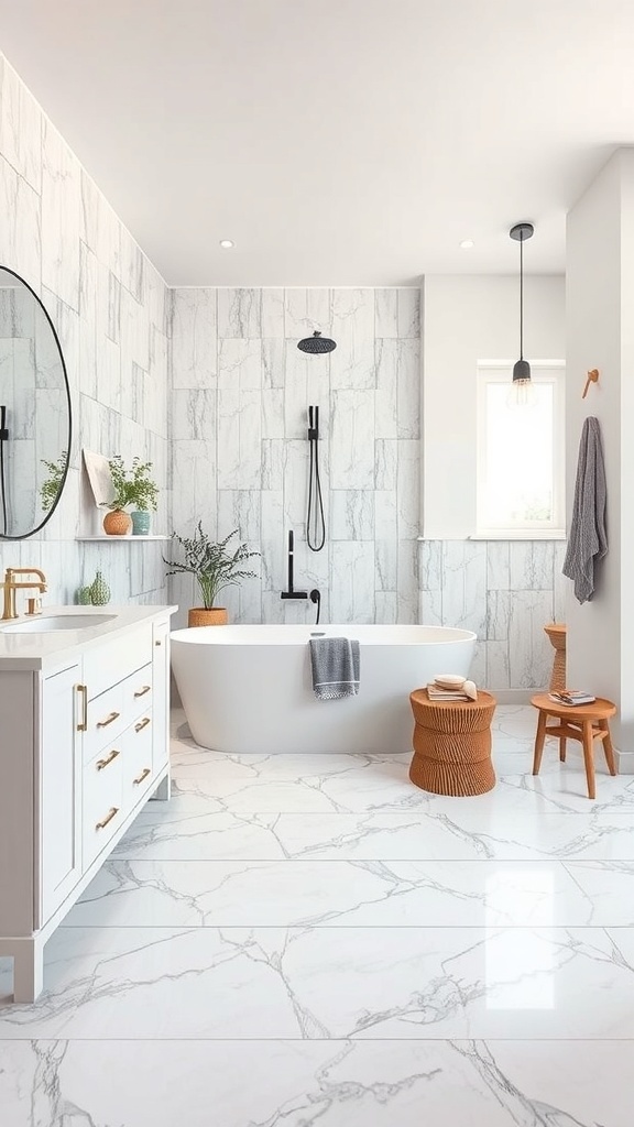 A modern bathroom with large marble-like tiles, a freestanding bathtub, and a stylish vanity.