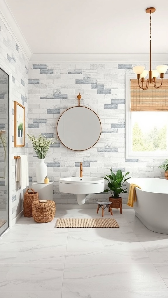 A modern bathroom featuring stylish wall tiles and a serene atmosphere