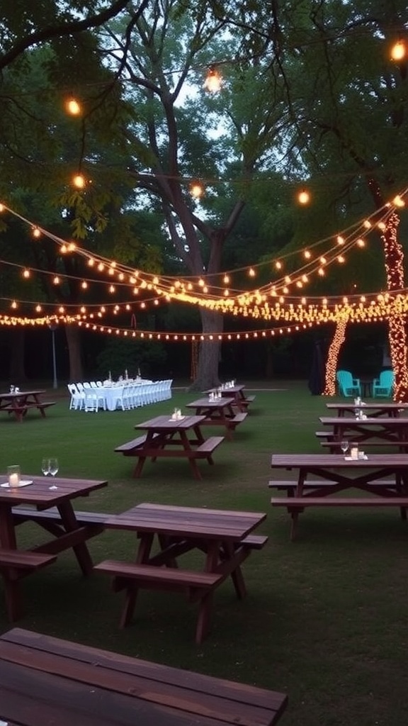 Outdoor wedding reception setup with string lights and picnic-style tables.
