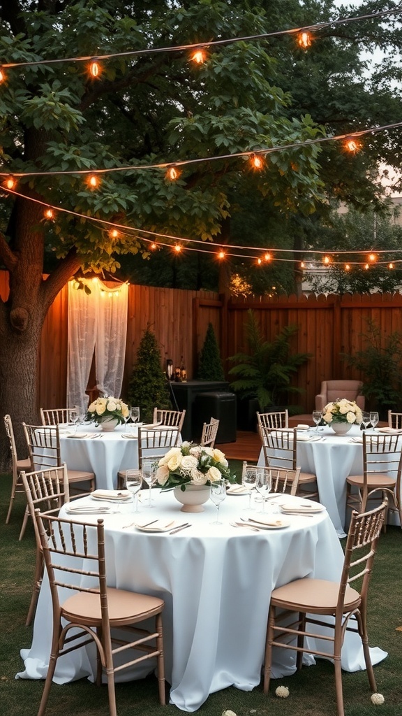 A beautifully arranged backyard for a bridal shower with tables, flowers, and string lights.