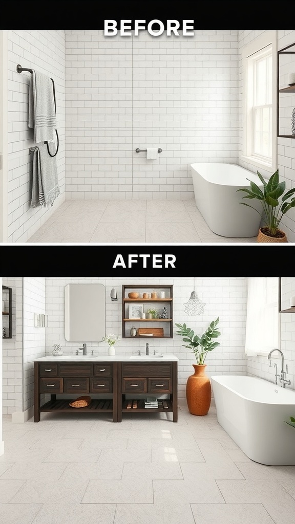 Before and after bathroom remodel showing a refreshed space with clean grout and updated fixtures.
