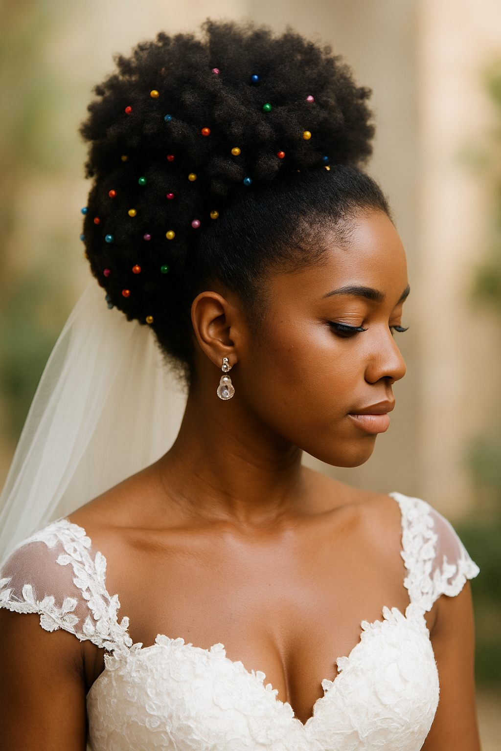 A bride with an afro puff hairstyle adorned with colorful beads, wearing a lace wedding dress and elegant earrings.