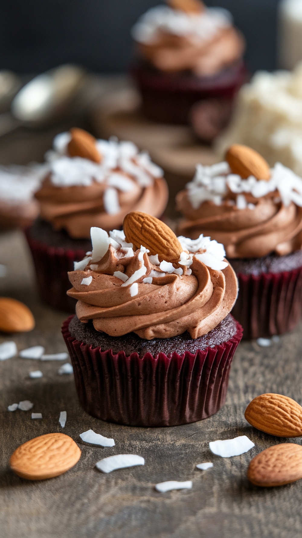 Almond Joy inspired cupcakes topped with chocolate frosting, shredded coconut, and almonds