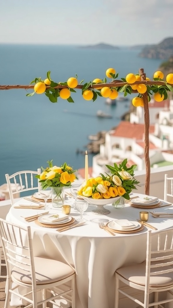 A beautifully set table overlooking the ocean, decorated with lemons and yellow roses, capturing the essence of an Amalfi Coast bridal shower.