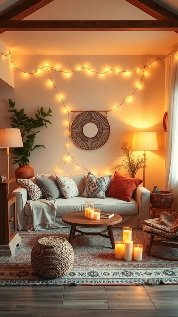 Cozy boho living room with warm ambient lighting, string lights, and candles.