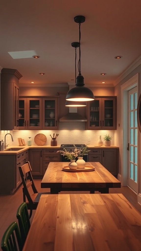 A cozy kitchen with warm ambient lighting, featuring a pendant light and wooden tables.