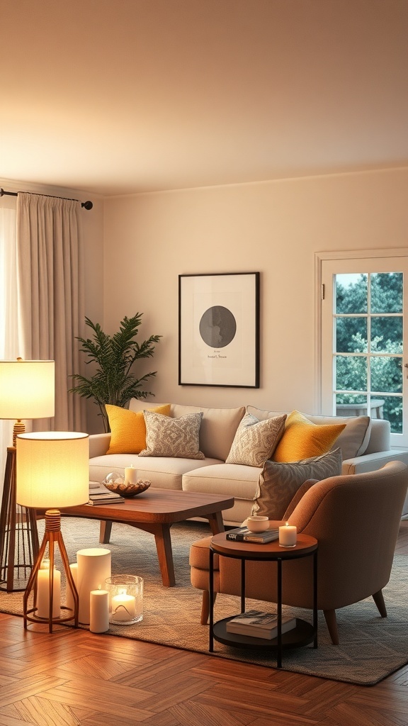 A cozy living room with warm lighting, featuring a comfortable sofa, floor lamp, candles, and a coffee table.