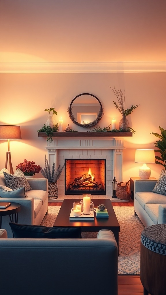 A cozy living room with a fireplace, soft lighting, and comfortable furniture.
