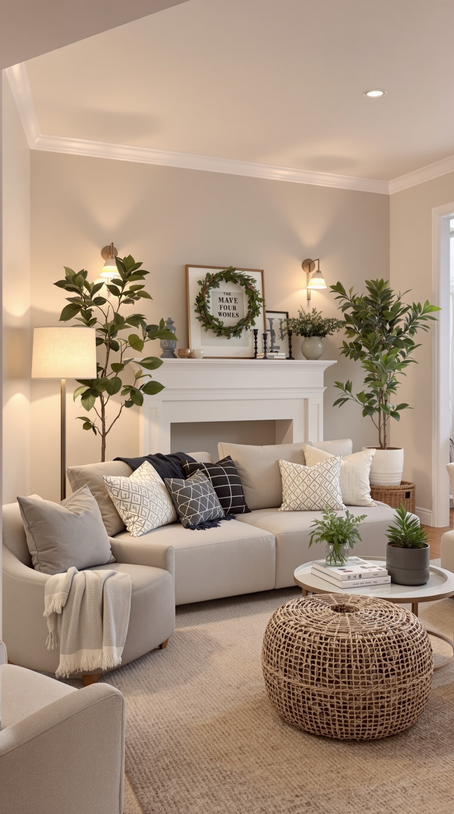 A cozy basement family room with soft lighting, plants, and comfortable furniture.