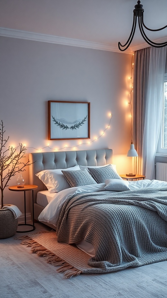 A cozy winter bedroom with warm ambient lighting, featuring string lights, a stylish lamp, and a comfortable bed.
