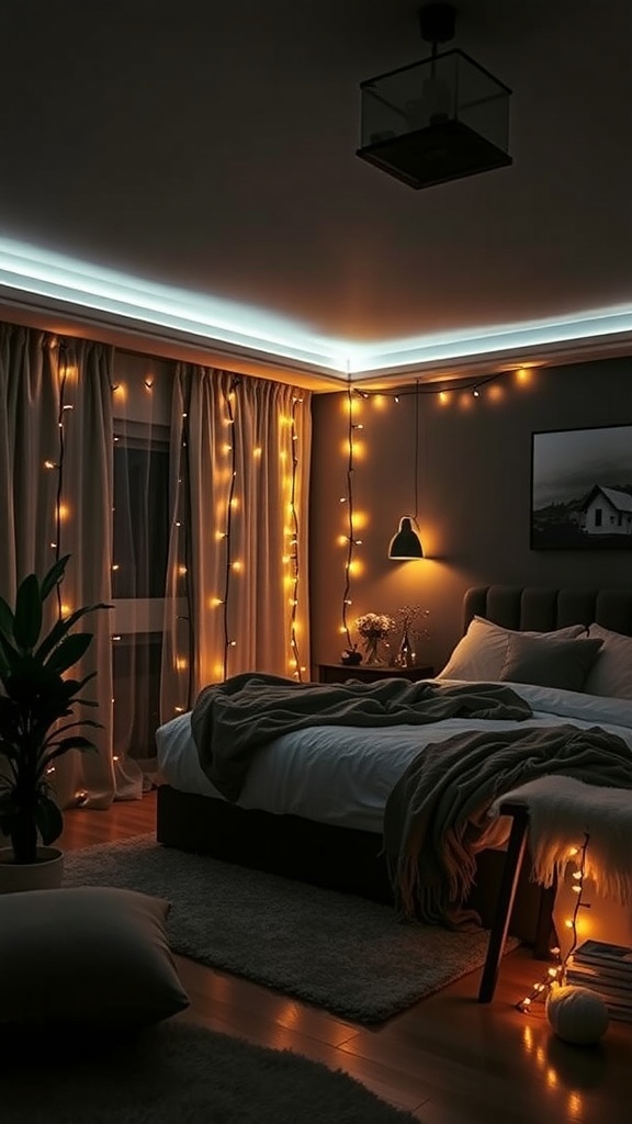 A dark teen bedroom with warm ambient lighting from string lights and a stylish lamp, creating a cozy atmosphere.