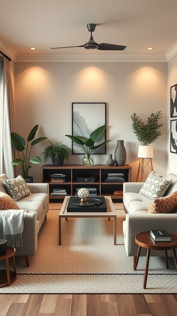 Cozy apartment with soft lighting, plants, and comfortable seating.