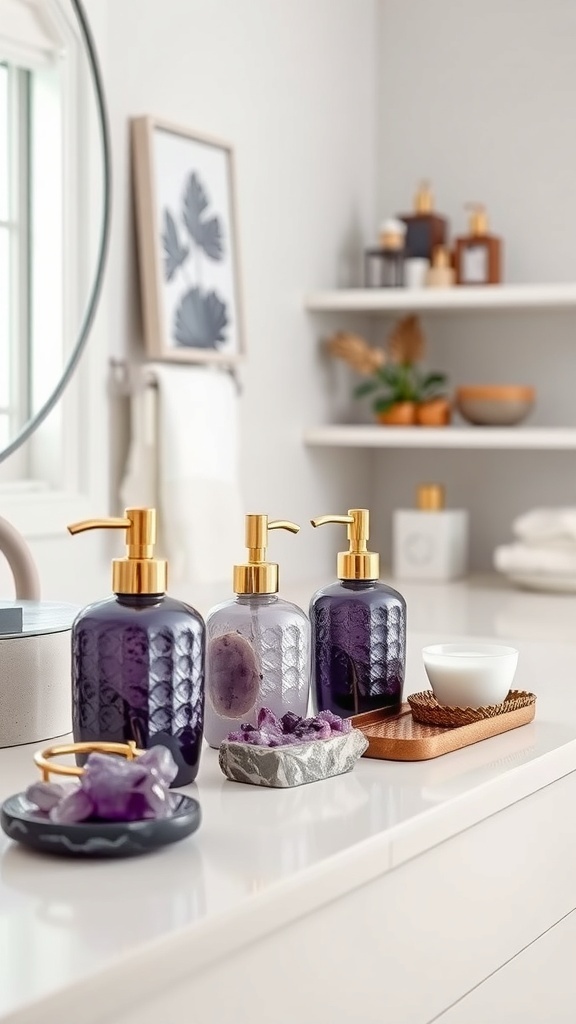 A stylish bathroom countertop featuring amethyst bath accessories, including soap dispensers and decorative stones.