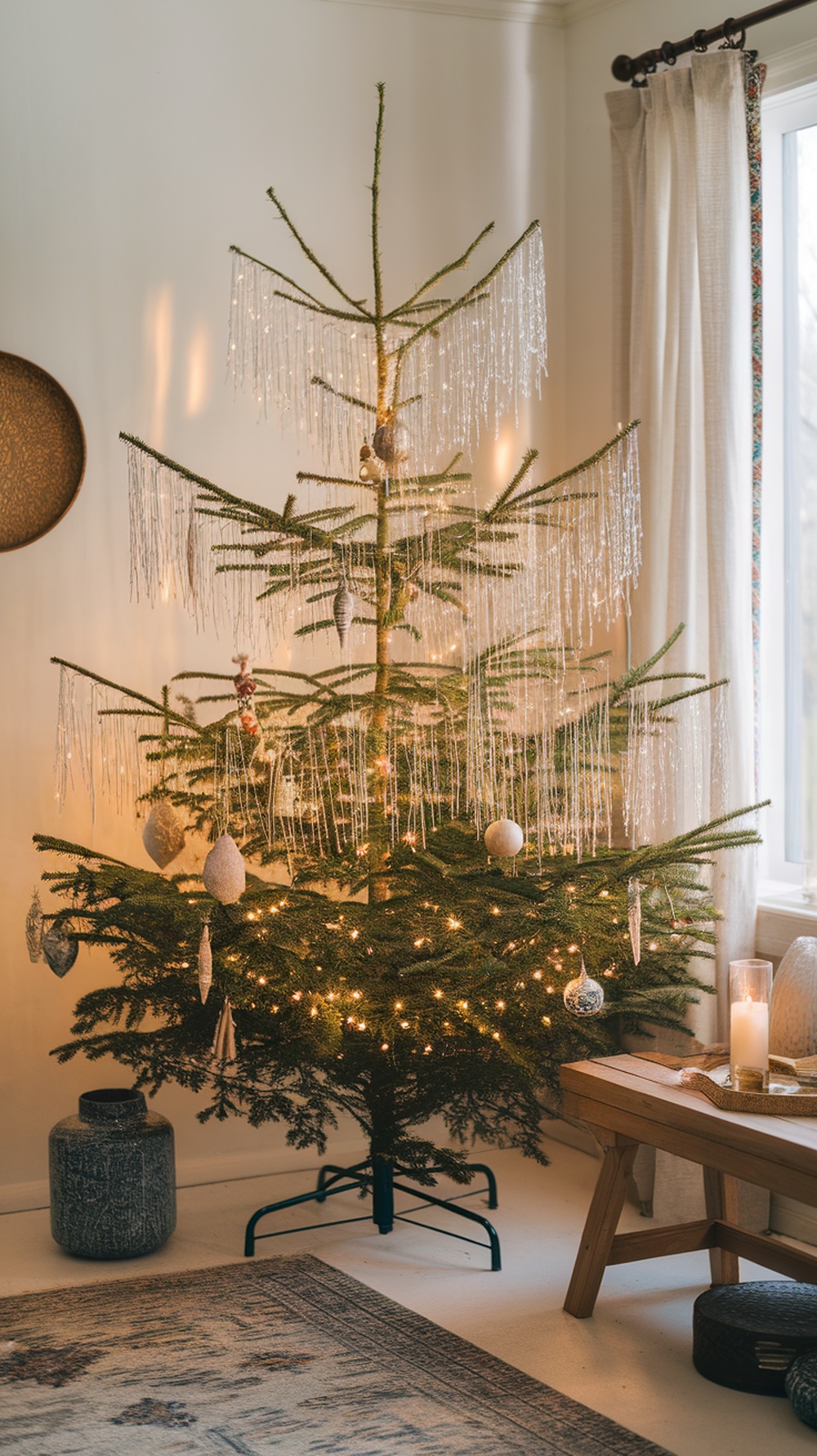 A beautifully decorated Christmas tree with angel hair toppers, twinkling lights, and ornaments.