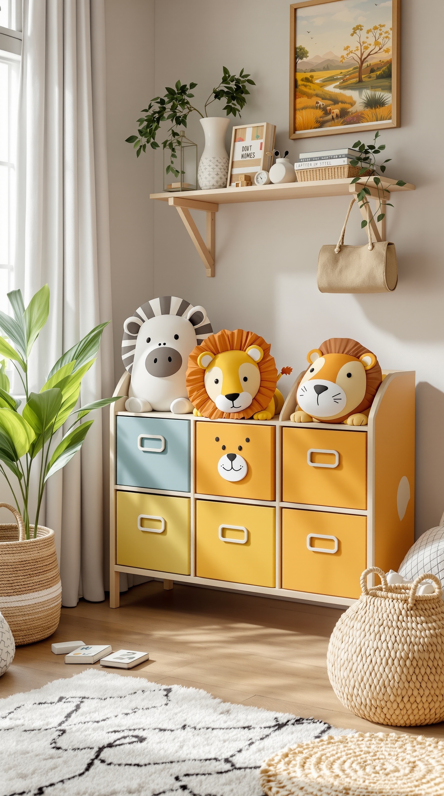 A colorful animal-themed storage unit in a baby room, featuring plush toys and decorative items.