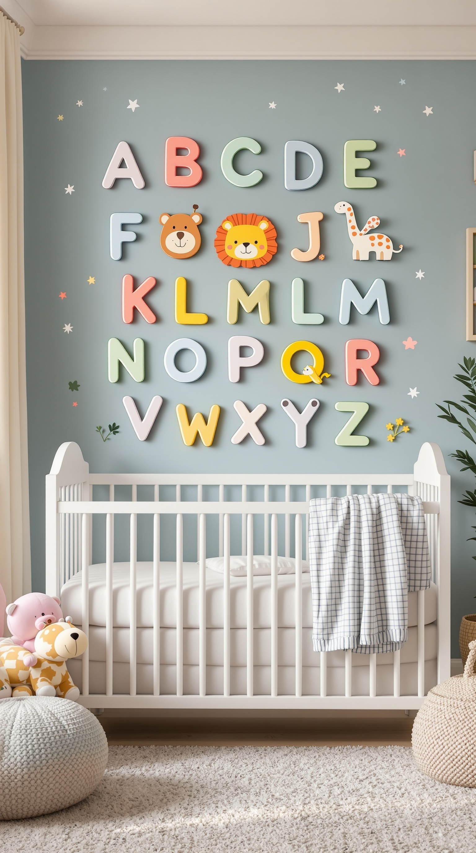 Colorful animal alphabet wall decor in a baby boy's room with a crib and plush toys.