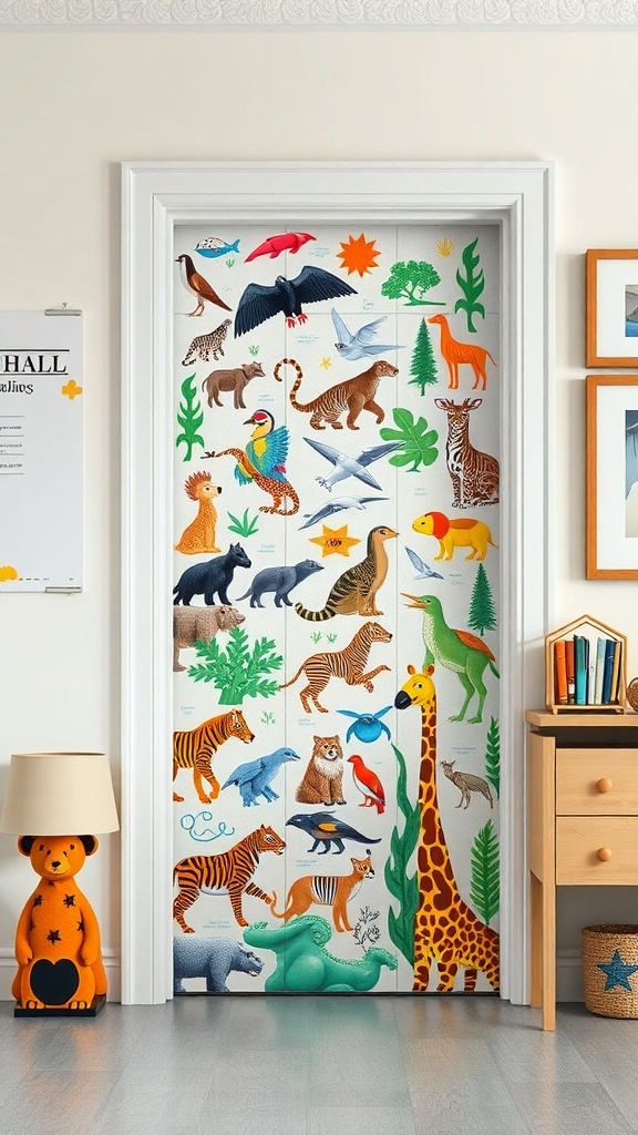 A classroom door decorated with colorful illustrations of various animals, including a giraffe, tiger, and dolphin, surrounded by plants.