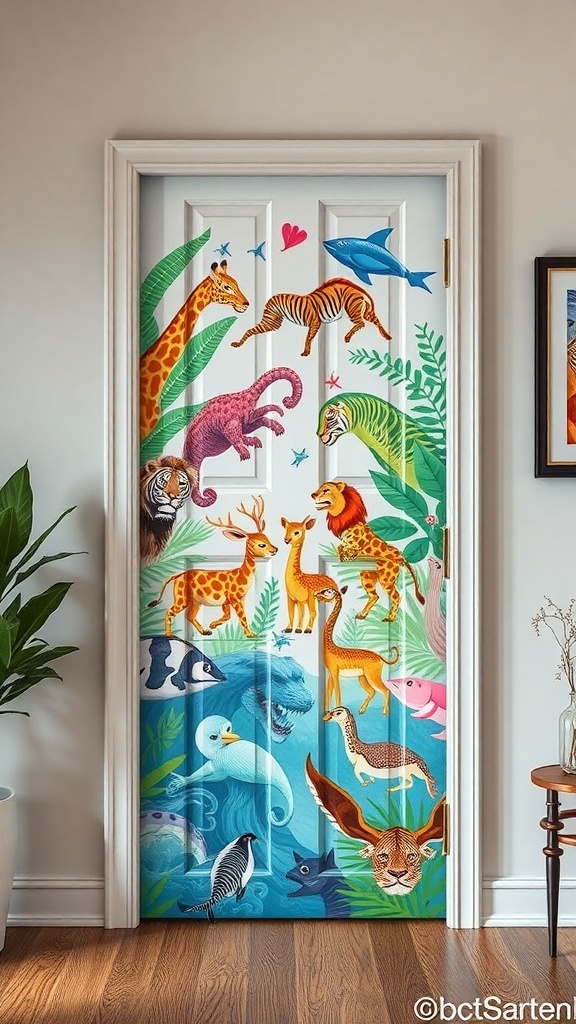 A colorful door decorated with various animal illustrations including a giraffe, tiger, and dolphin.