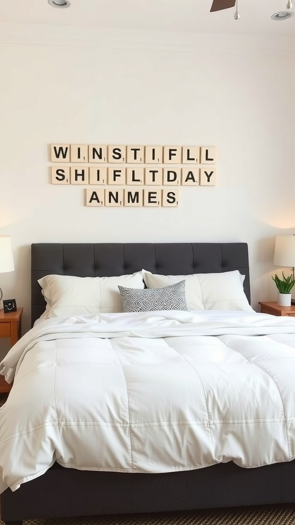 Scrabble wall art featuring animal names above a bed