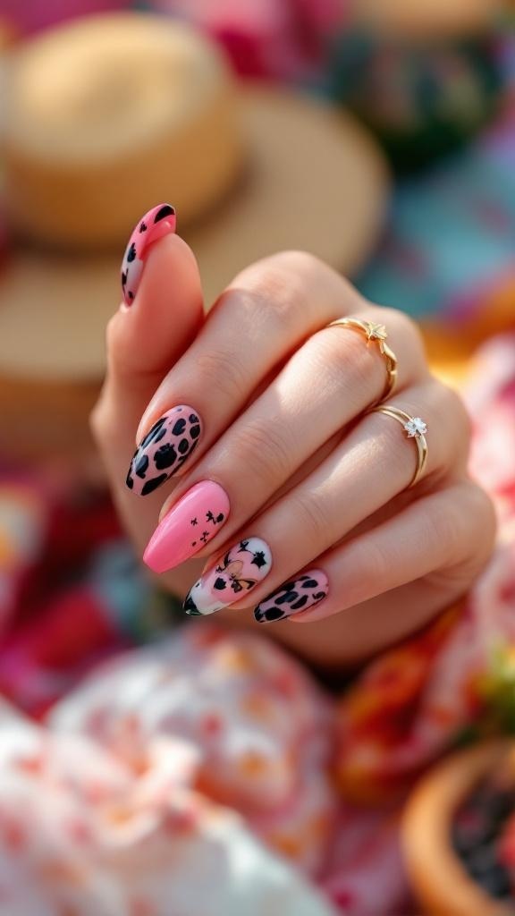A hand with trendy summer nails featuring animal print designs and pink polish, adorned with rings.