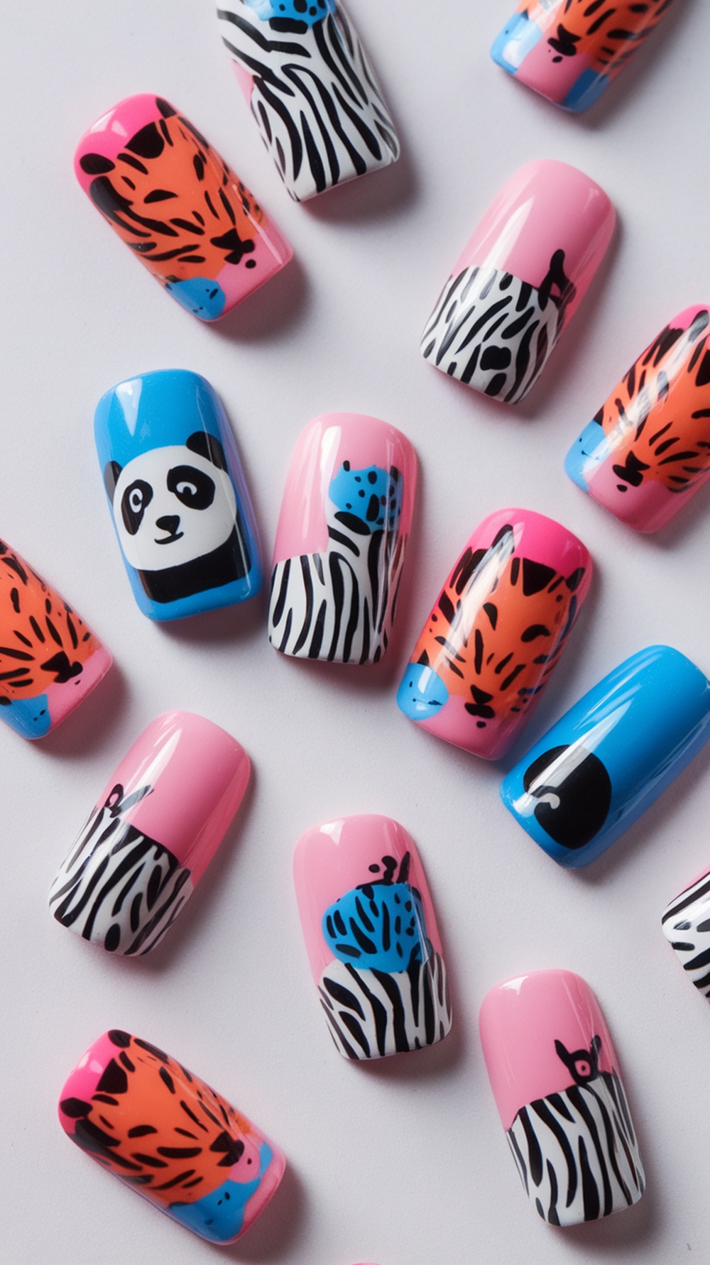 Nail designs featuring animal prints in pink and blue colors.