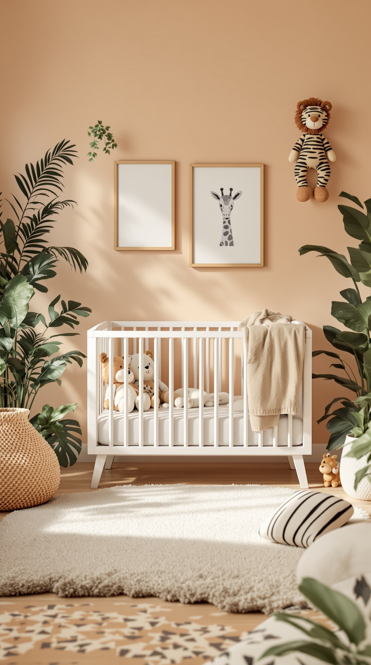 A cozy baby nursery with a safari theme, featuring a crib, soft toys, and animal-themed decor.