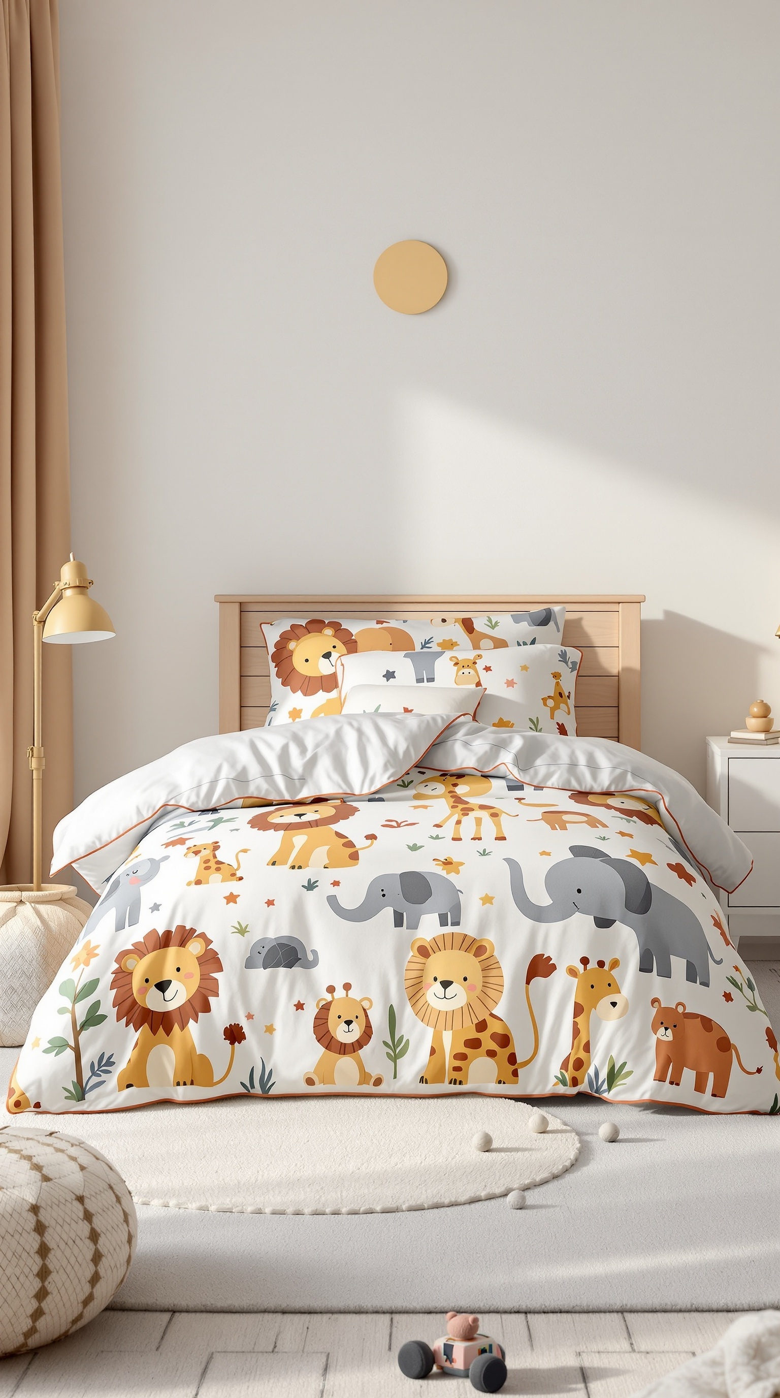 A cozy toddler bed with an Animal Safari Bedding Set featuring colorful illustrations of various animals.