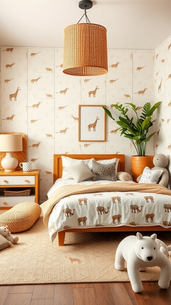 A children's bedroom featuring animal safari elements with giraffe and elephant patterns on the bedding and wallpaper.