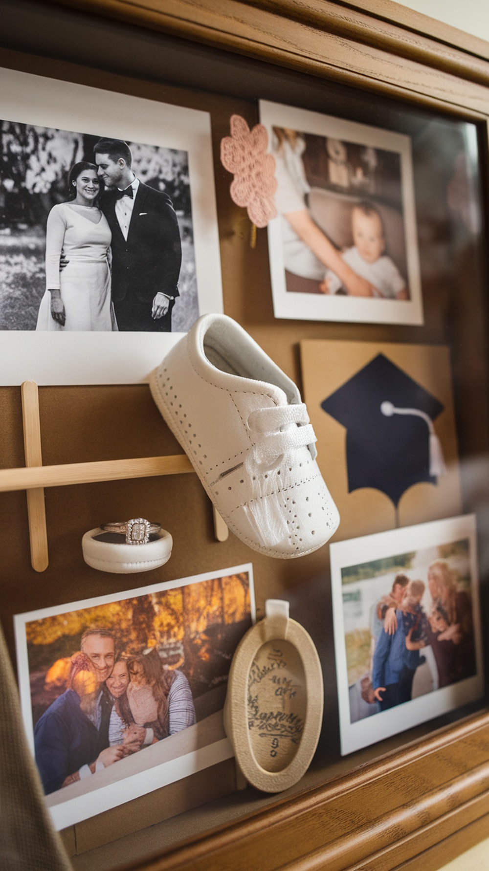 A shadow box display featuring wedding photos, a baby shoe, and wedding rings.