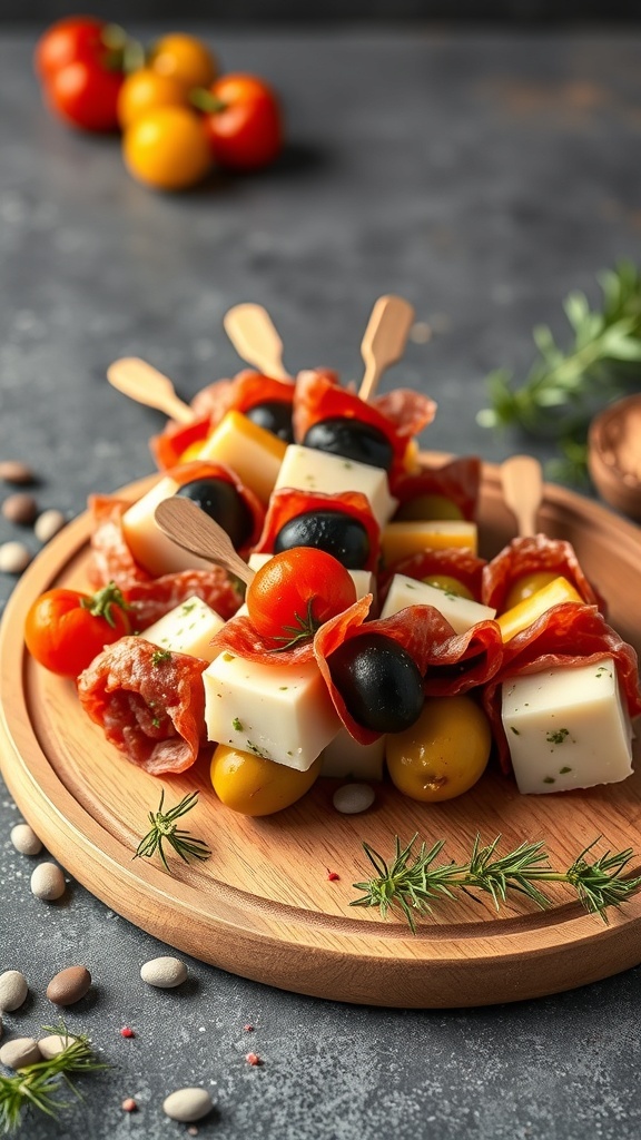 A platter of antipasto skewers featuring salami, olives, and cheese on wooden sticks.