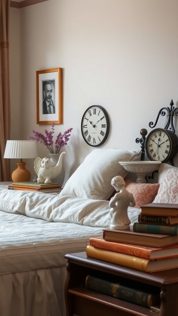 A cozy shabby chic bedroom with antique accessories, including books, clocks, and figurines.