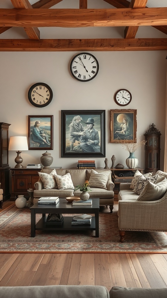 A rustic French country living room featuring antique decor, wooden beams, vintage clocks, and comfortable sofas.