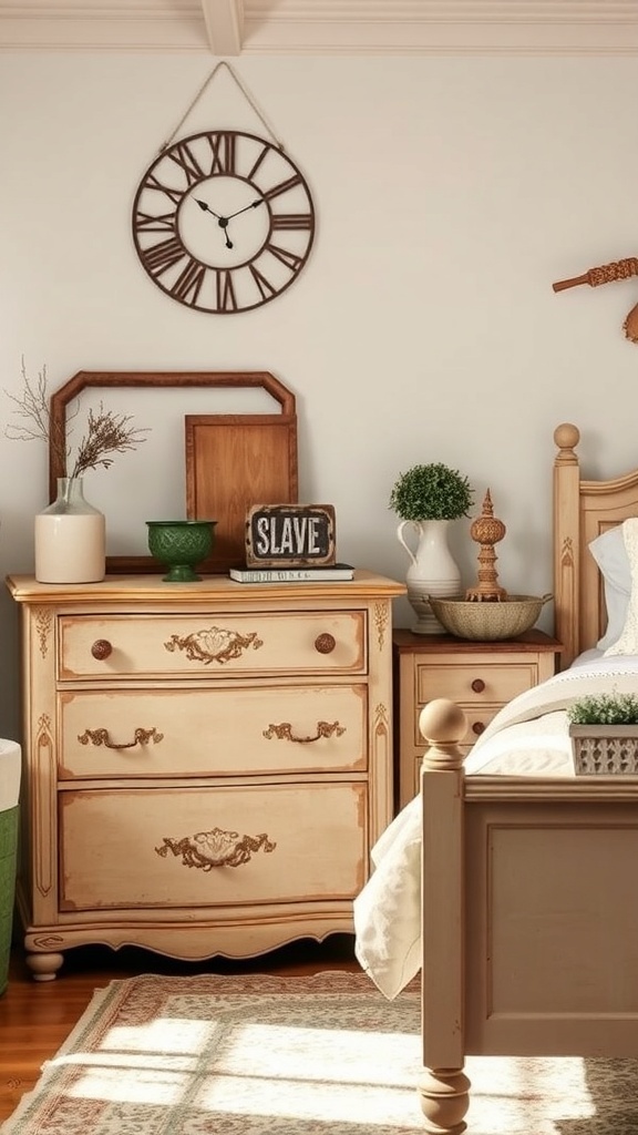 Antique dresser and nightstand in a vintage farmhouse bedroom
