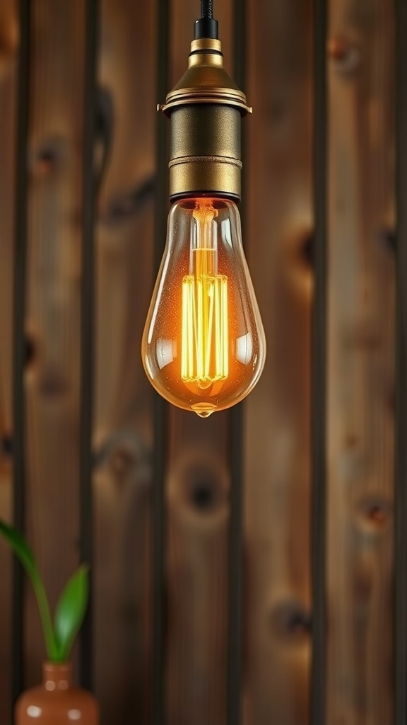 A warm amber Antique Edison bulb hanging against a wooden background.