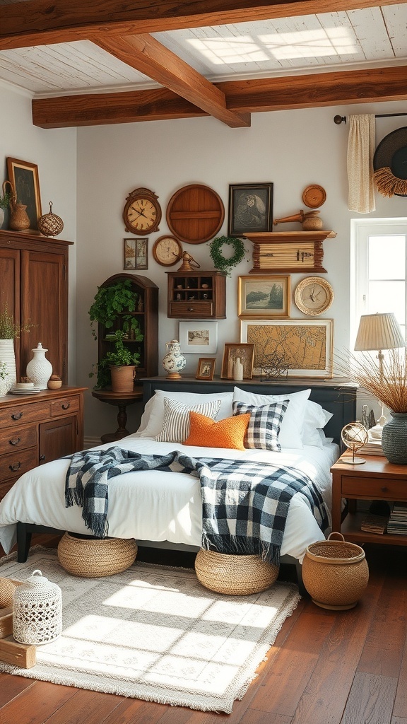 A rustic bedroom featuring antique decor, vintage clocks, and woven baskets.