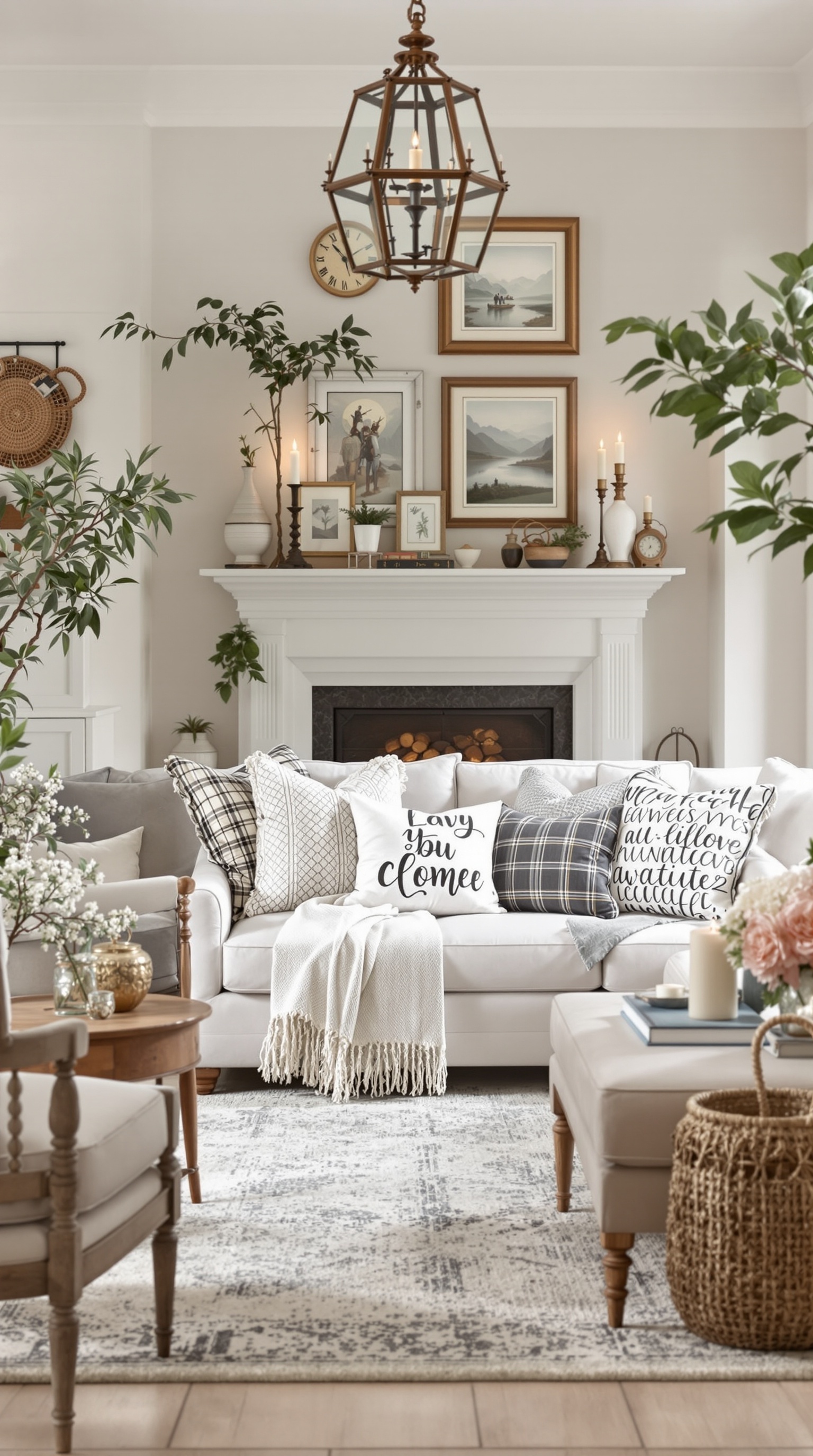Cozy French country family room with antique decor, soft furniture, and warm lighting.