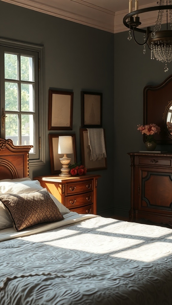 A cozy romantic goth bedroom featuring antique furniture, including a wooden bed frame, dresser, and decorative accents.