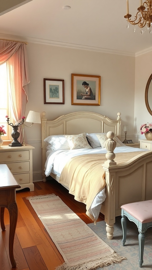 A cozy romantic cottage bedroom featuring antique furniture, soft linens, and warm lighting.