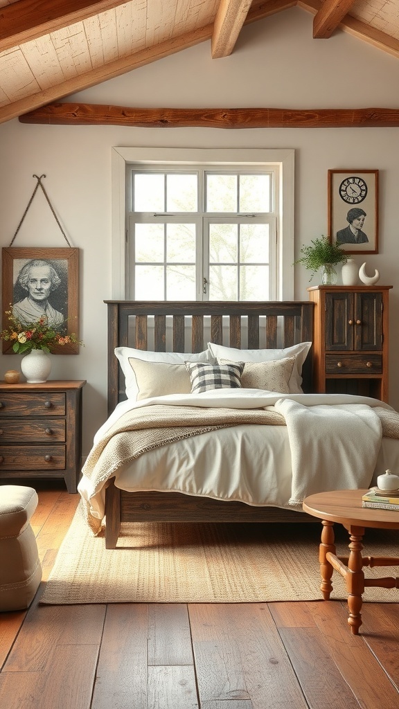 A rustic farmhouse bedroom featuring antique wooden furniture, including a bed, bedside tables, and a coffee table, with warm lighting and cozy decor.