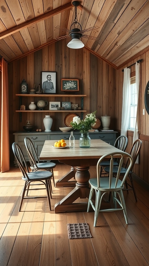 A rustic dining area featuring a wooden table, mixed antique chairs, and vintage decor.