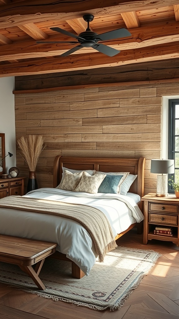 A rustic farmhouse bedroom featuring a wooden bed frame, nightstands, and a bench, all with a warm, inviting design.