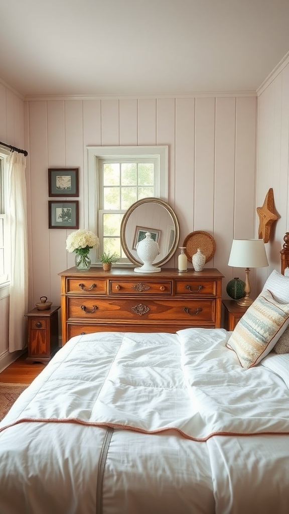 A cozy country teen bedroom featuring a wooden dresser, a bed with white linens, and decorative elements.