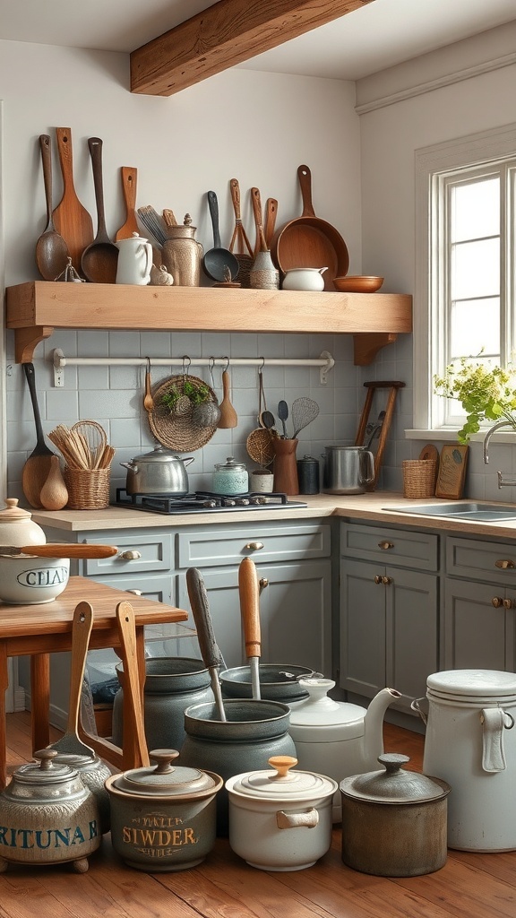 A rustic farmhouse kitchen filled with antique kitchen utensils, including wooden spoons, vintage pots, and hanging baskets.